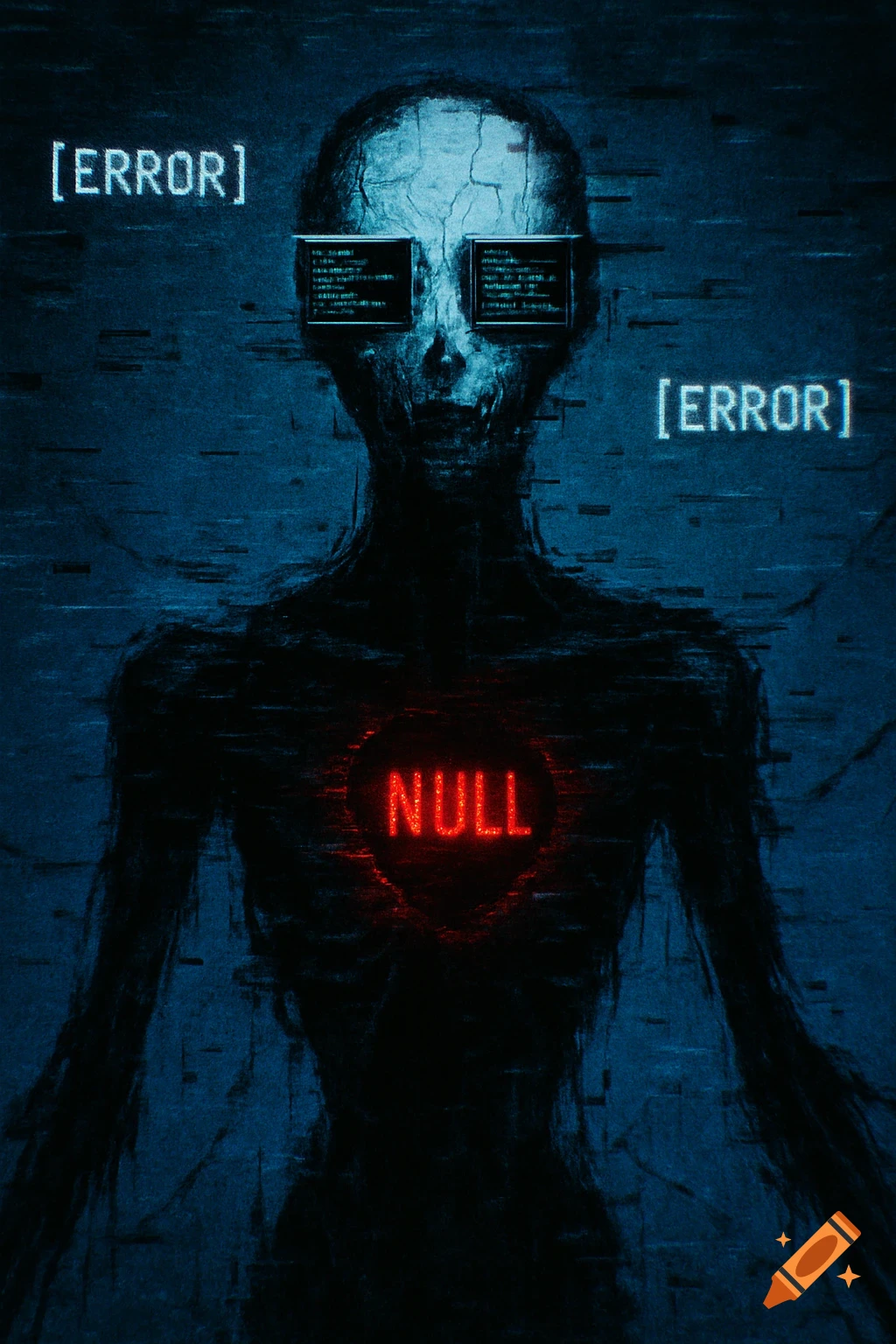 A dark, glitchy digital horror image of a humanoid figure with glowing red NULL on its chest, terminal screens for eyes, and floating [ERROR] text.