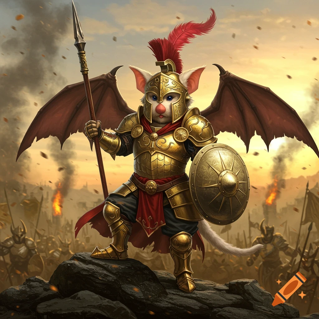 A golden armored, winged moogle warrior stands on a rock overlooking a smoky battlefield at sunset, holding a spear and shield.