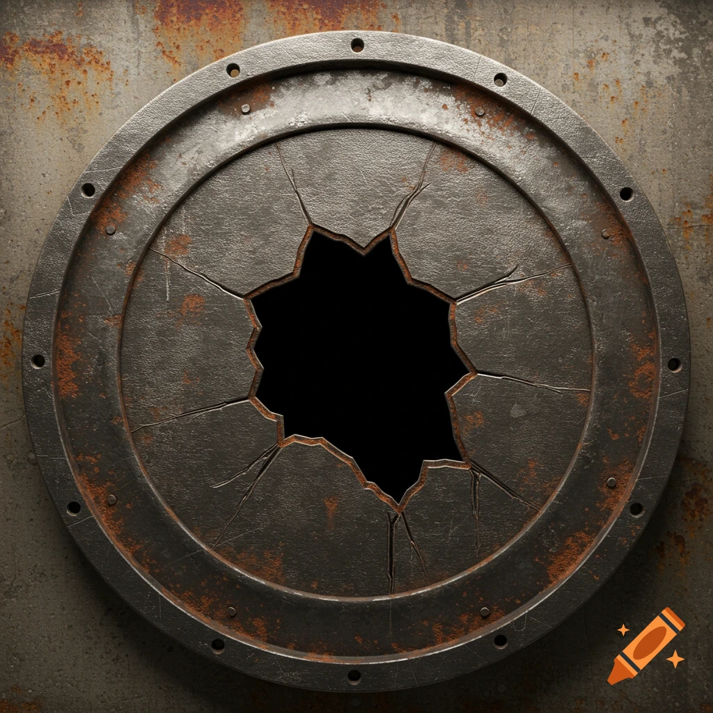 A circular, rusted metal plate with a jagged hole in the center, set against a textured, rusty metal background.