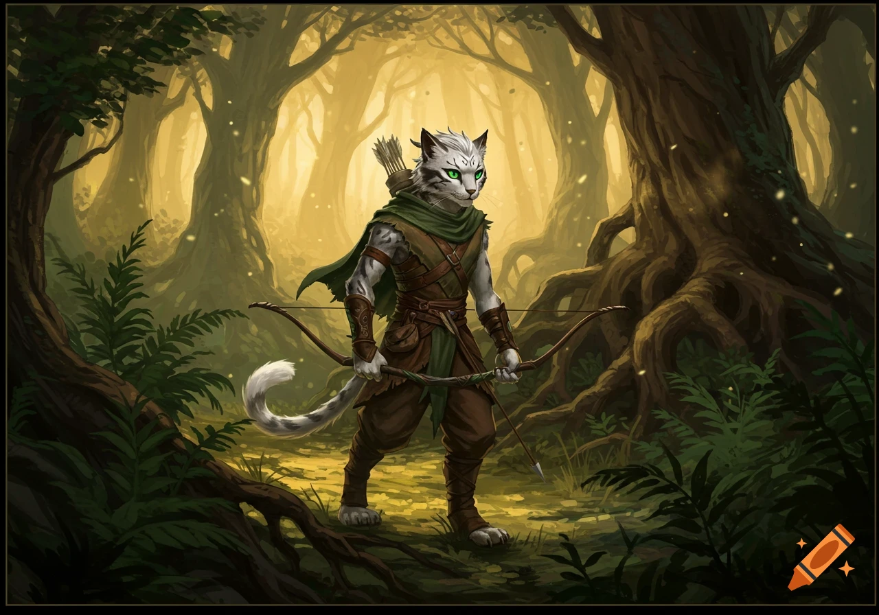 A white Tabaxi ranger with green eyes stands in a vibrant, sunlit forest, holding a bow. Fantasy art.