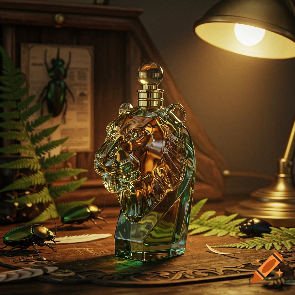 A lion-head glass perfume bottle on a wooden desk, surrounded by ferns and metallic green beetles, under a warm desk lamp.