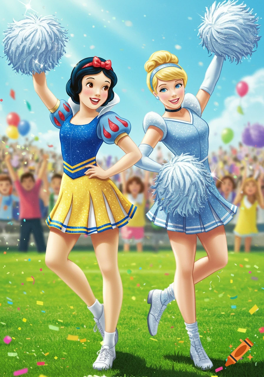 Snow White and Cinderella dressed as cheerleaders, holding pom-poms, on a grassy field with confetti, in a cartoon style.