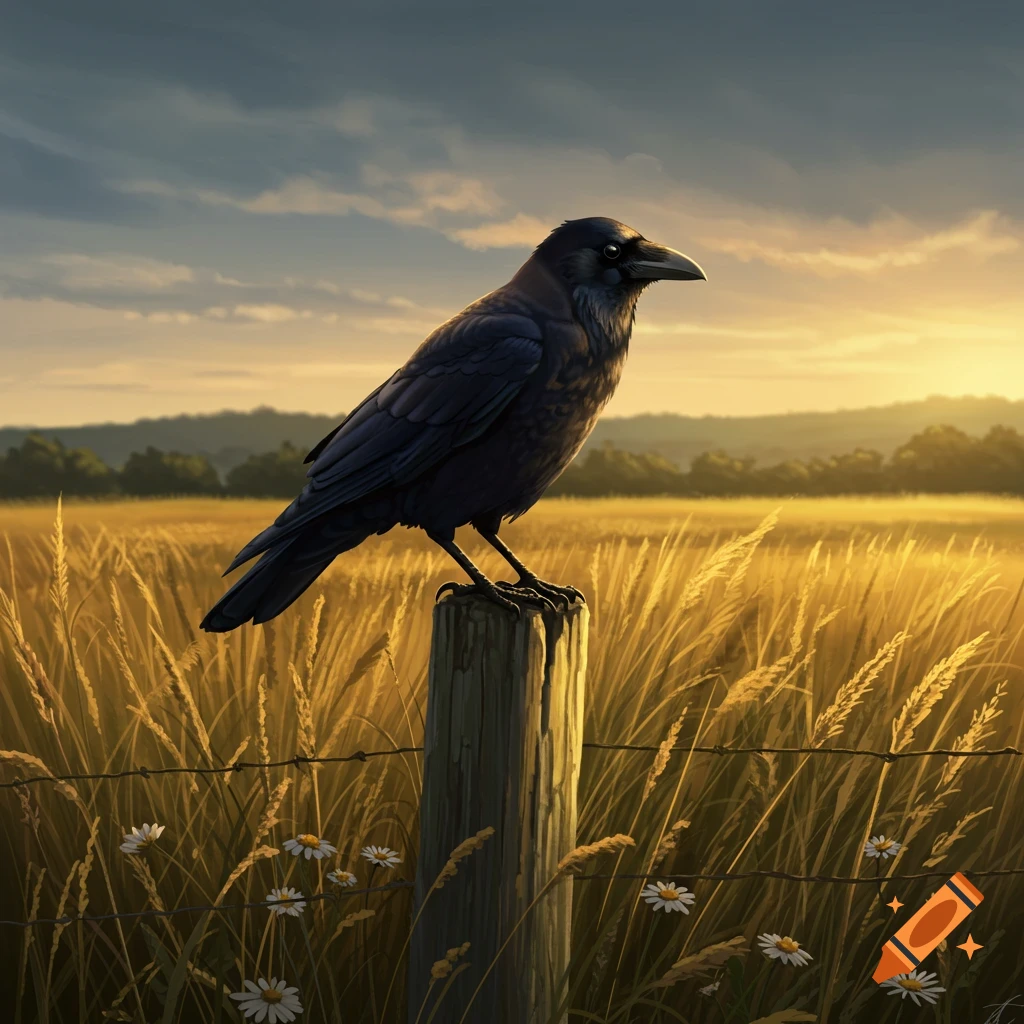 A black crow perched on a wooden fence post in a golden wheat field at sunset, with distant hills and a cloudy sky.