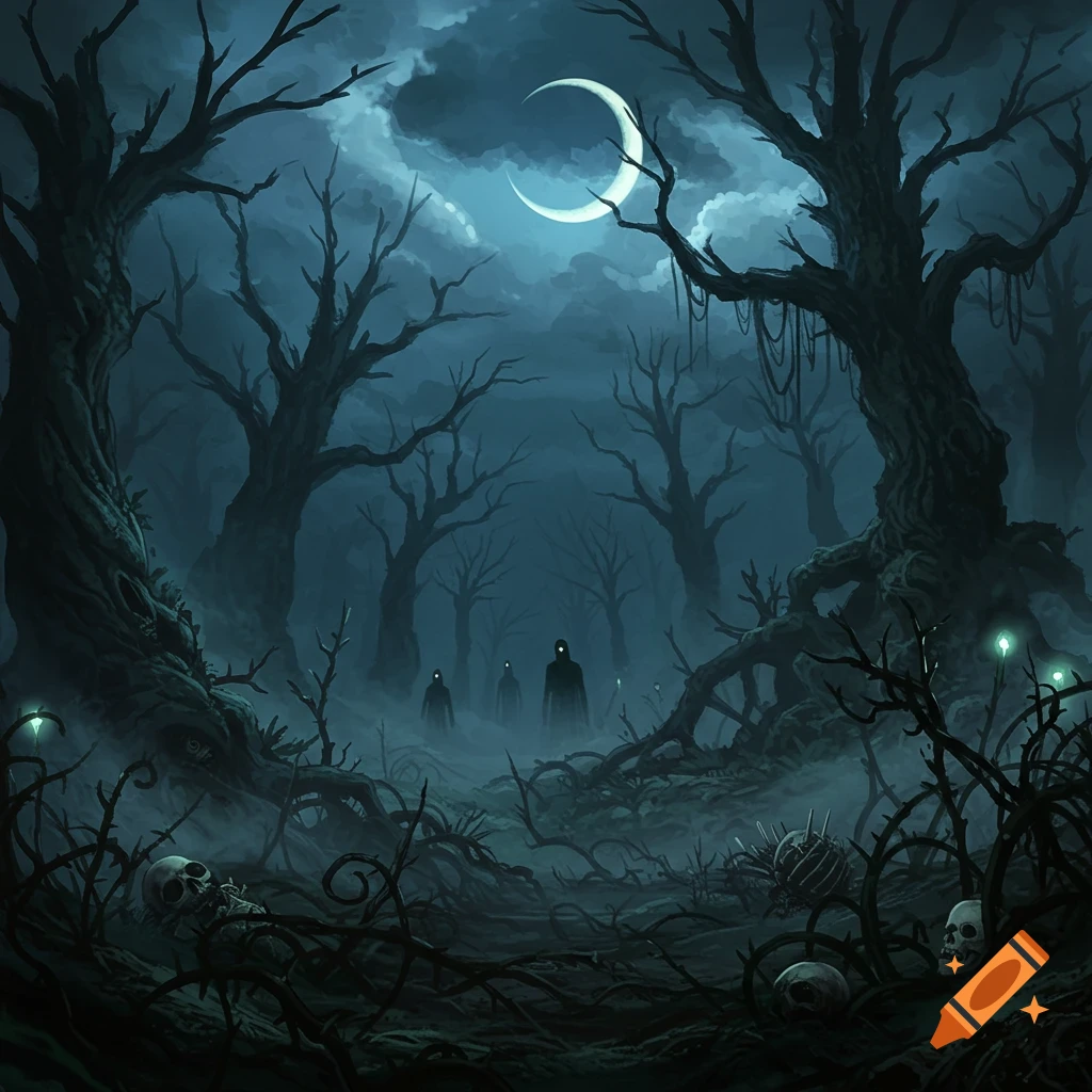 A dark, eerie forest at night under a crescent moon, with bare trees, mist, glowing-eyed shadowy figures, and skulls on the ground.