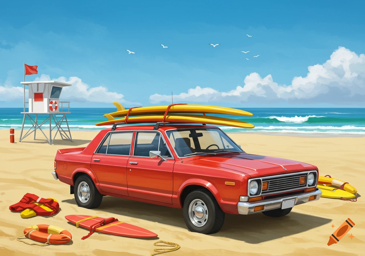 An illustration of a red car with surfboards on its roof parked on a sandy beach next to a lifeguard tower and the ocean.