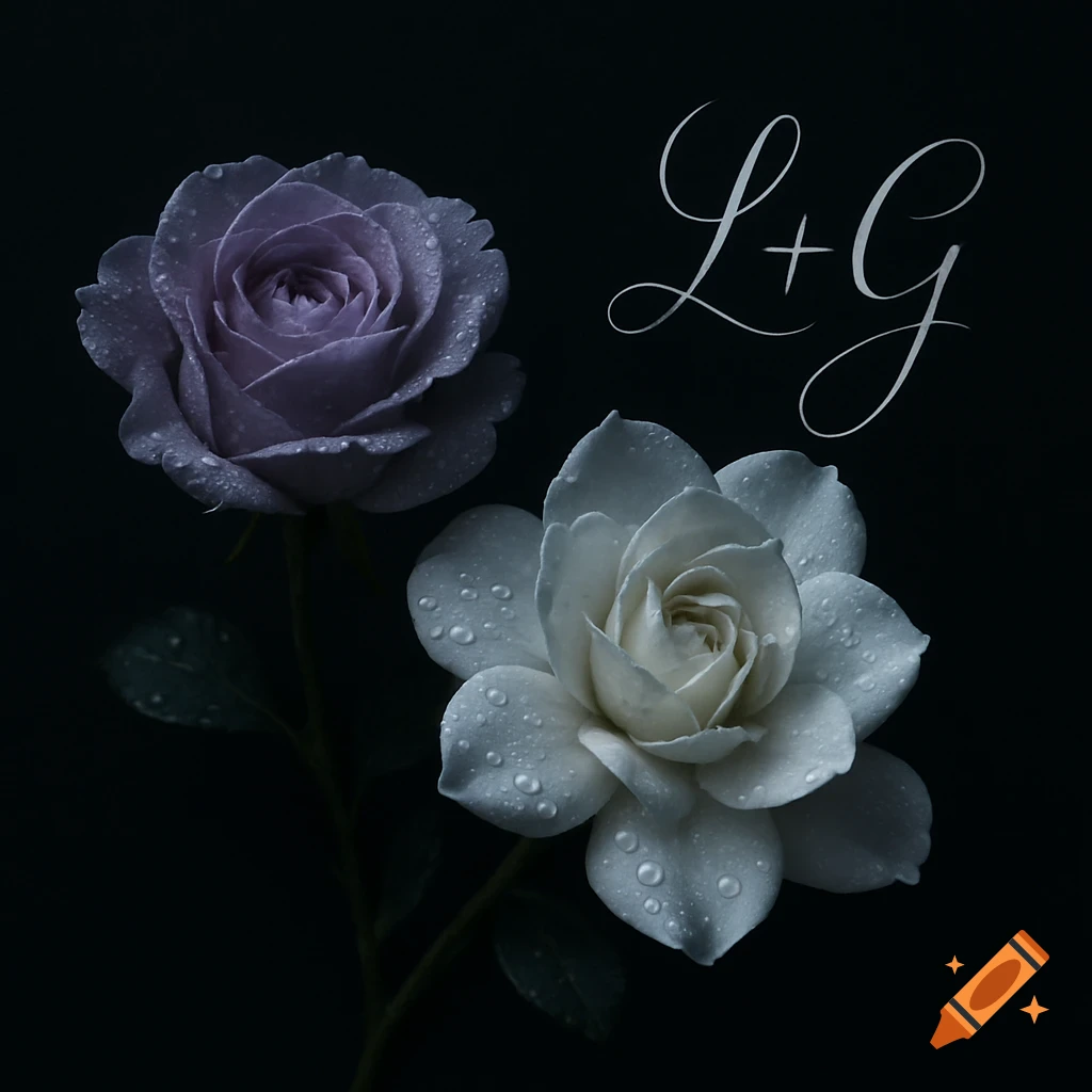 A purple flower and a white flower, both covered in water droplets, against a dark background, with the cursive initials 'L+G'.