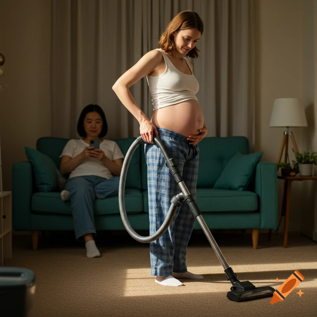 A pregnant woman in pajamas vacuums a sunlit living room while another woman sits on the couch using her phone.