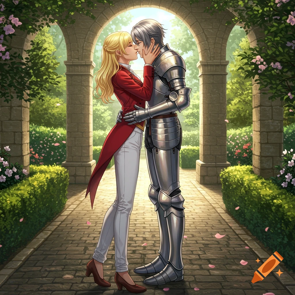 A blonde woman in a red coat and white pants kisses a man in full knight armor in a sunny garden courtyard, anime style.