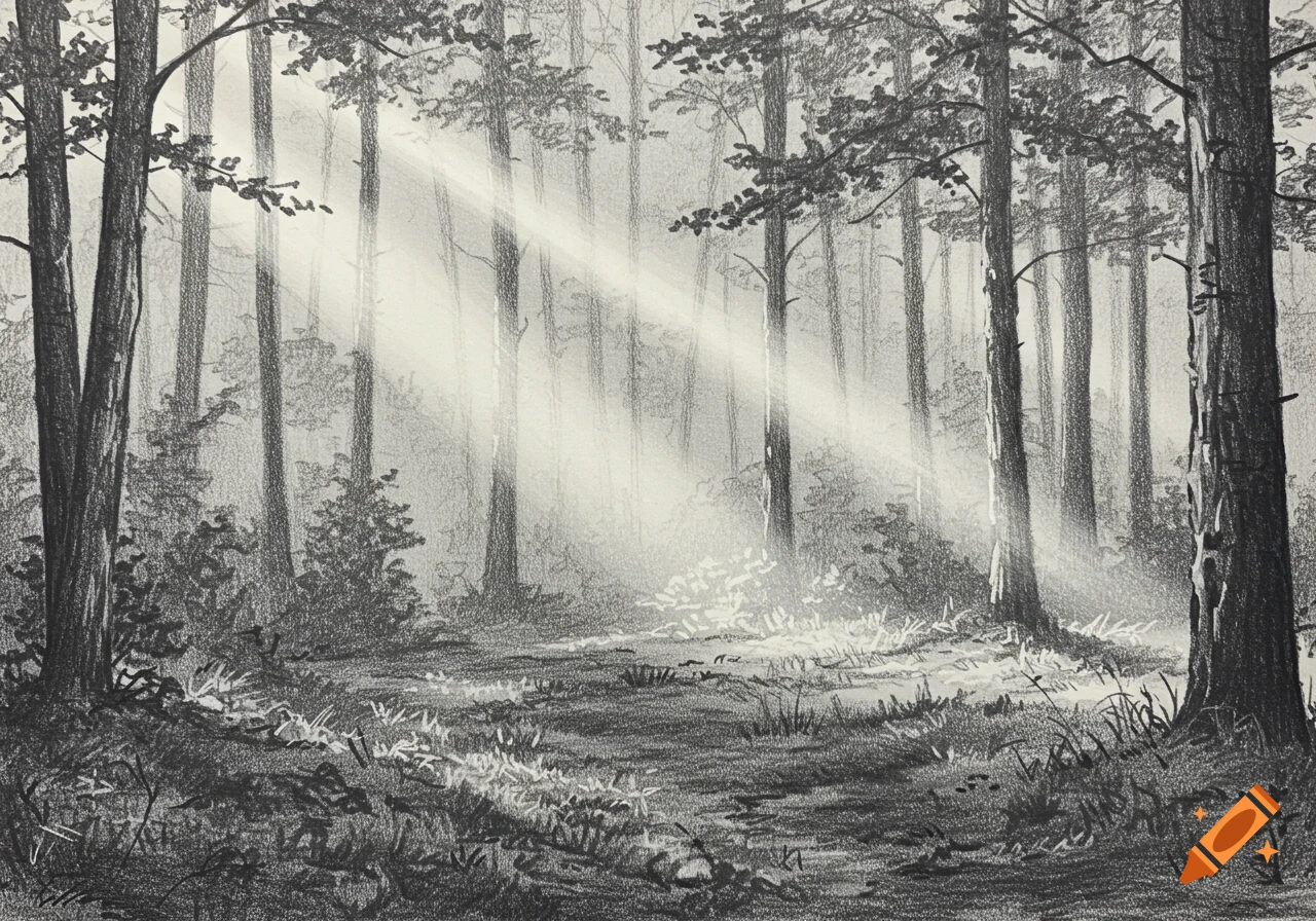 Pencil sketch of sun rays cutting through a misty forest with tall trees and dense undergrowth.