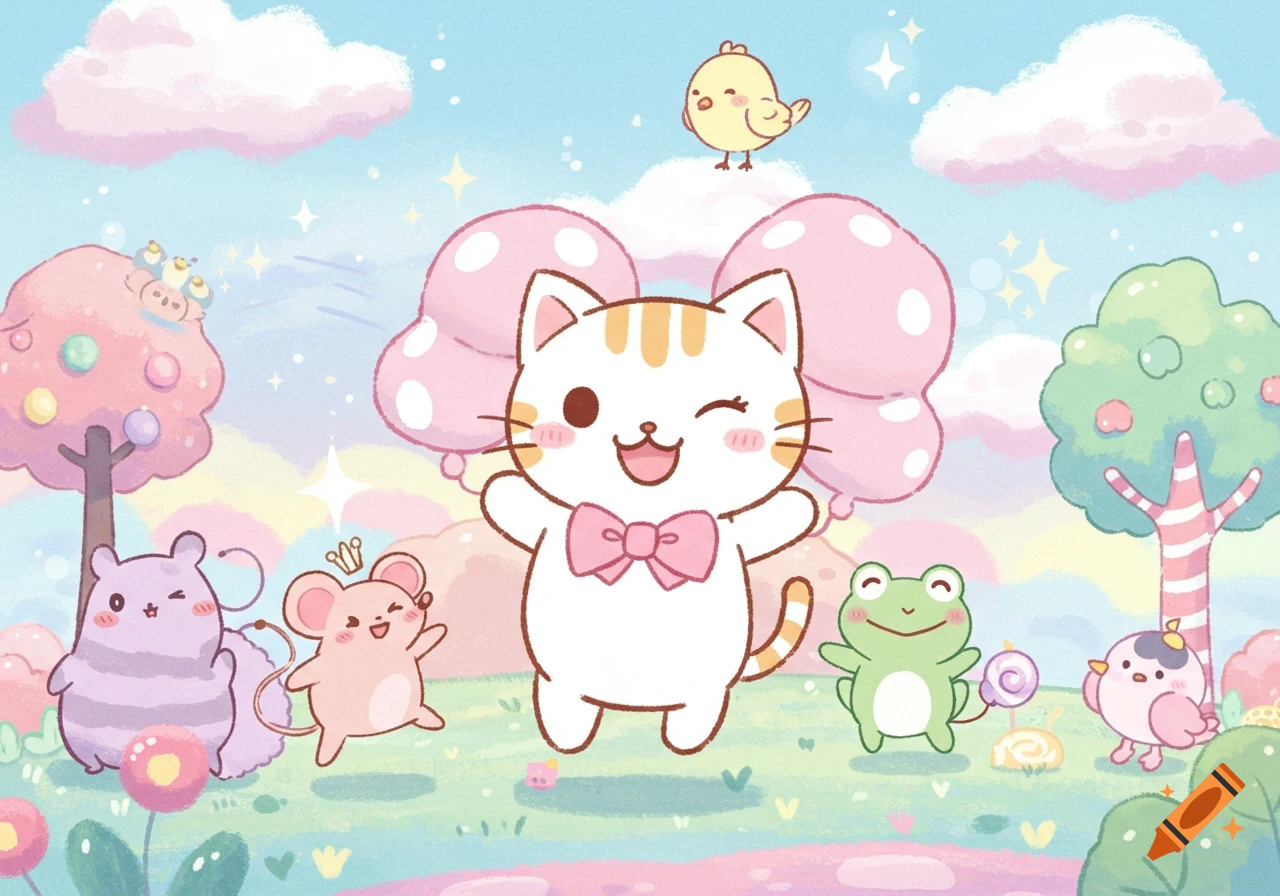 A cute cartoon cat winks, holding balloons in a pastel landscape with other whimsical animals and trees.