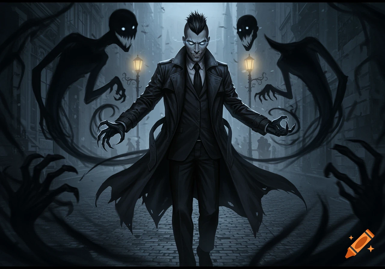 A menacing man in a trench coat with glowing eyes and clawed hands stands amidst shadowy demons on a dark street, lit by lampposts.