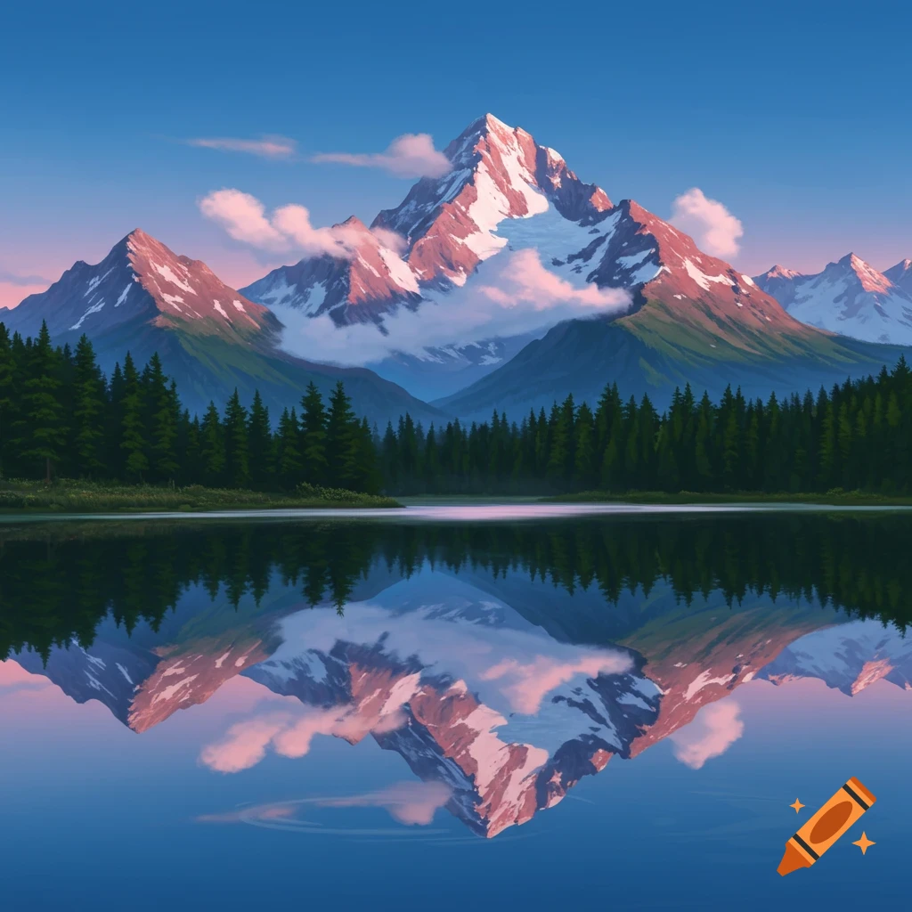 A serene landscape with snow-capped mountains and pine forests reflected in a still lake under a soft, blue and pink sky.
