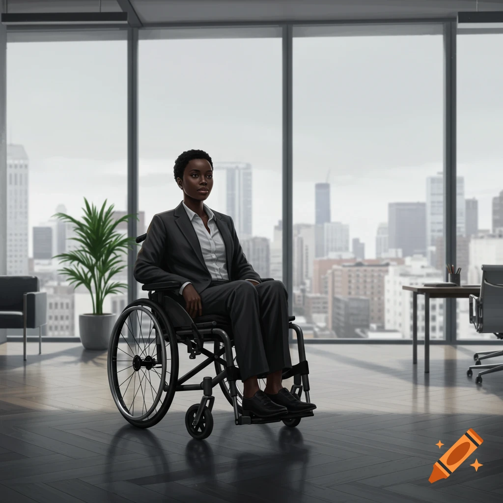 A young Black business woman sits in a wheelchair in a modern office with a city skyline view.