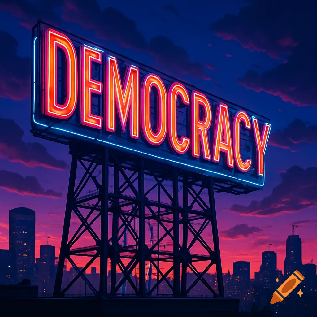 A large red neon sign spells 'DEMOCRACY' against a vibrant purple and orange sunset sky over a city skyline.