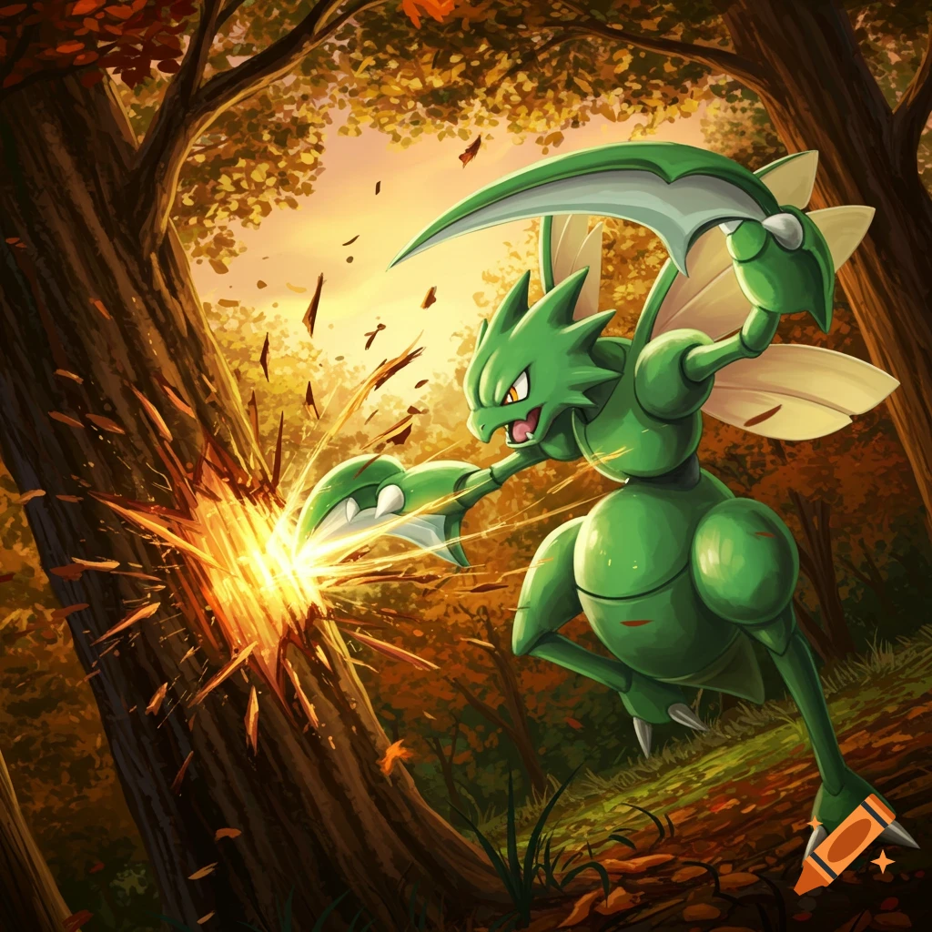 A green Scyther with large blades cutting a tree trunk, sending sparks and wood splinters flying in an autumn forest.