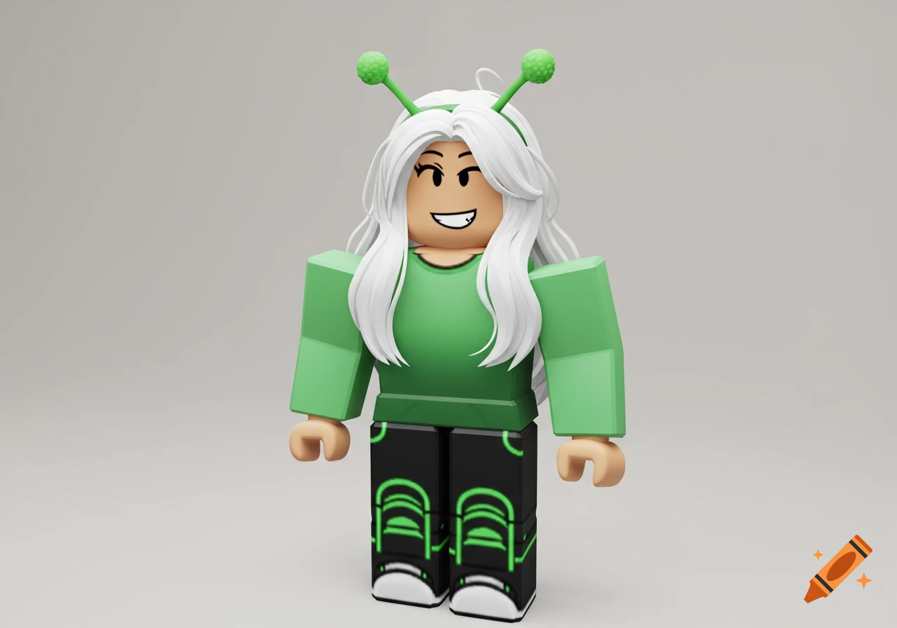A Roblox avatar with long white hair, green alien antennae, a green shirt, and black pants with neon green designs.