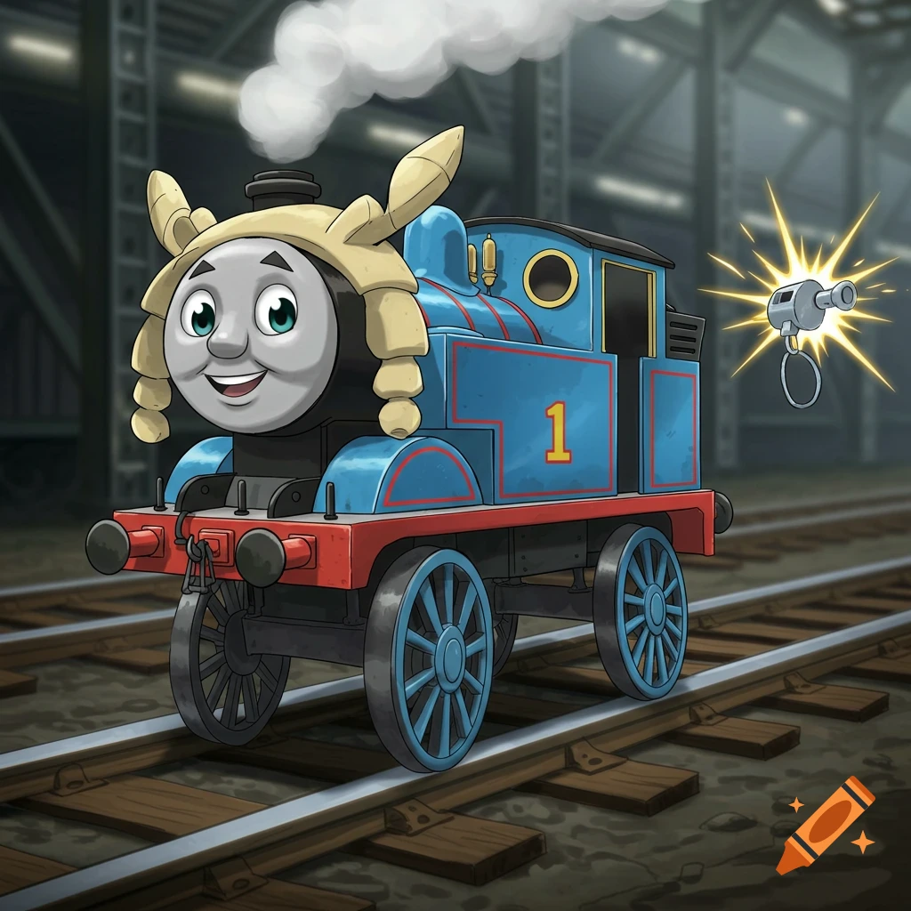 A blue train, styled like Thomas the Tank Engine with blonde, curly hair, sits on train tracks. Steam puffs from its smokestack, and a whistle floats in the air.