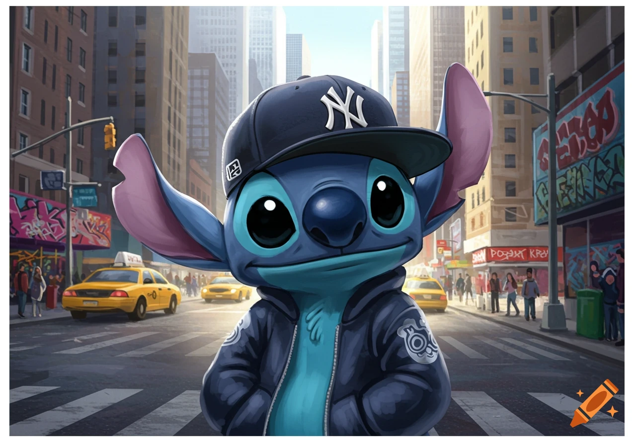 Close-up of Stitch, the blue alien character, wearing a New York Yankees baseball cap and a dark blue jacket, standing on a city street with yellow taxis and tall buildings in the background.