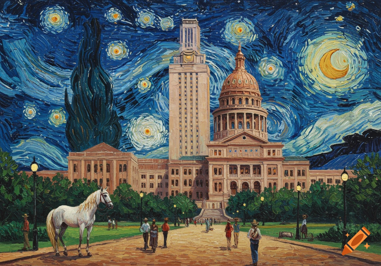Van Gogh style painting of the UT Tower and Austin Capitol under a swirling starry night sky with a white horse and people walking on a path.