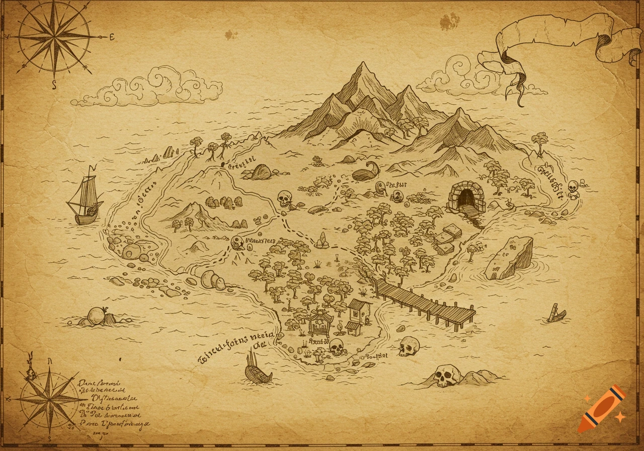 A hand-drawn treasure map on aged paper, showing an island with mountains, trees, beaches, boats, a dock, and skulls. A compass rose and a scroll banner are also present.