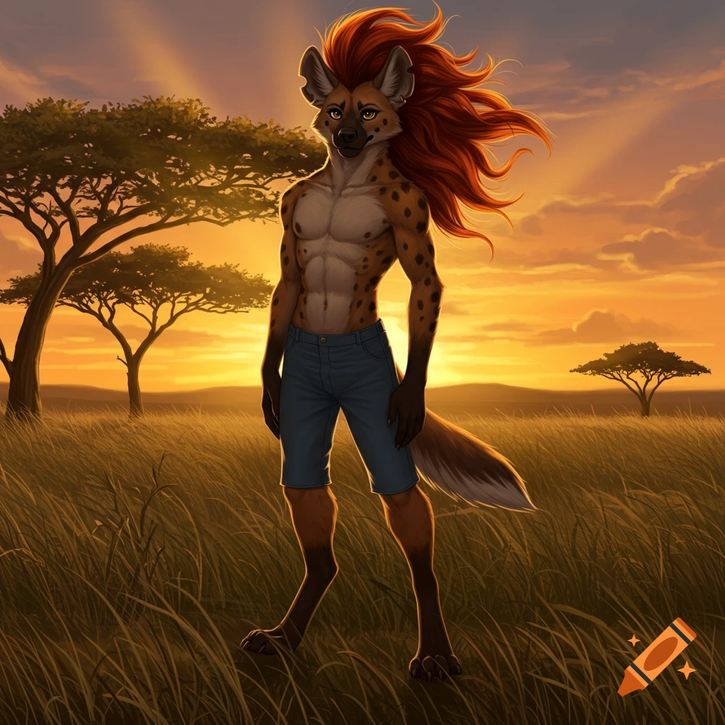 An anthropomorphic hyena-maned wolf hybrid with fiery red hair and blue shorts stands in a sunlit savannah at sunset.