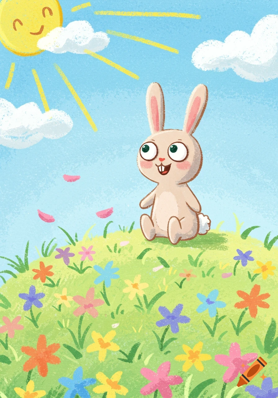 A cute crayon illustration of a bunny sitting in a field of colorful flowers under a smiling sun.