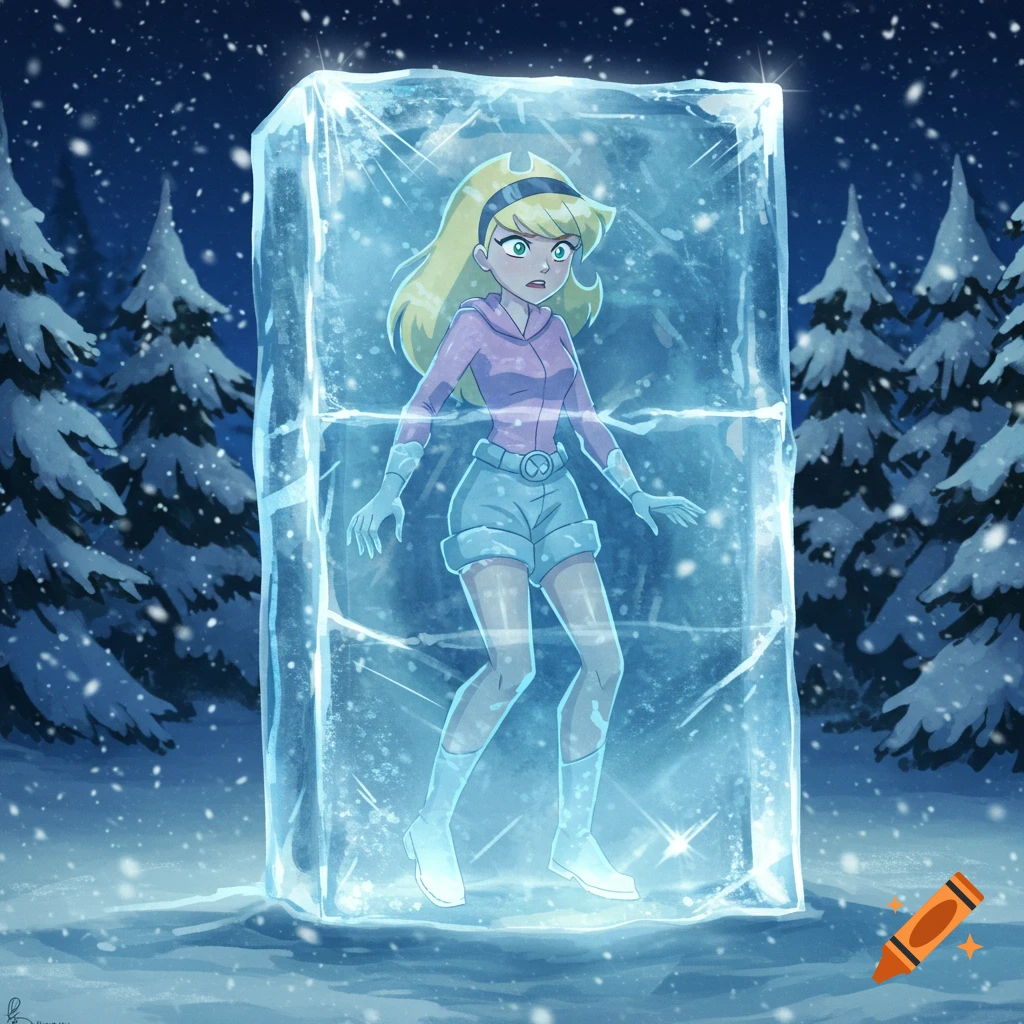 A blonde cartoon girl wearing a pink hoodie and light blue shorts is trapped inside a large block of ice in a snowy forest at night.
