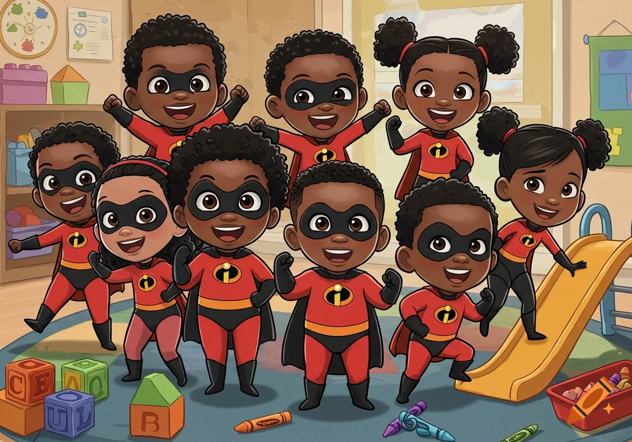 Cartoon illustration of a group of smiling African American kindergarteners dressed as Incredibles superheroes in a colorful classroom.