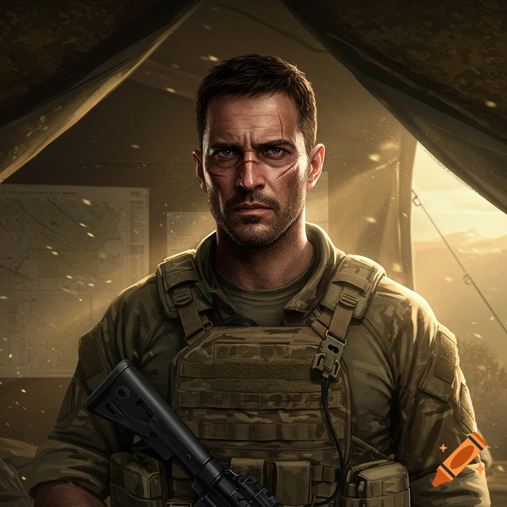 A photorealistic portrait of a rugged military man with facial scars and stubble, wearing tactical gear in a tent.