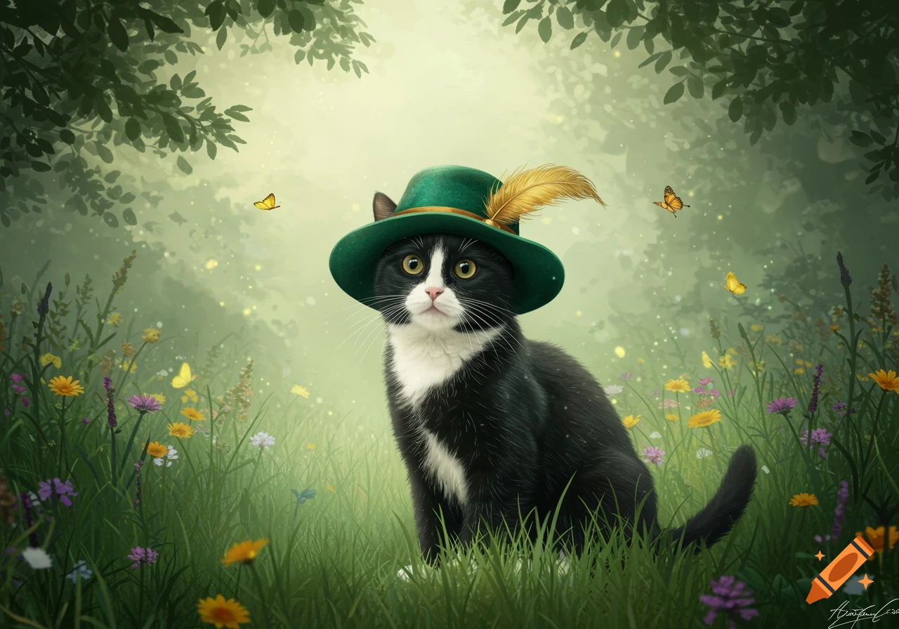 A black and white tuxedo cat wearing a green hat with a feather sits in a field of wildflowers with butterflies in a misty forest.