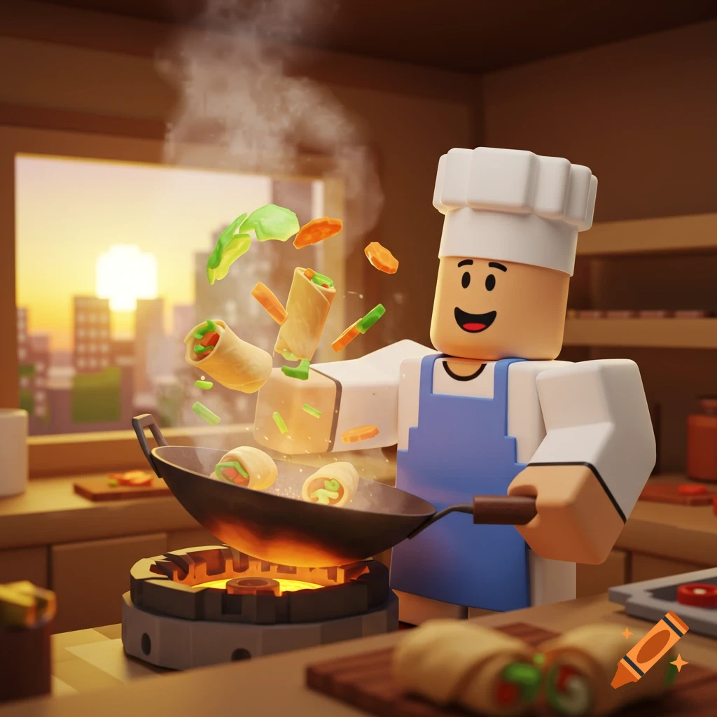 A smiling Roblox chef in a kitchen, stir-frying eggrolls and vegetables in a wok with steam rising.