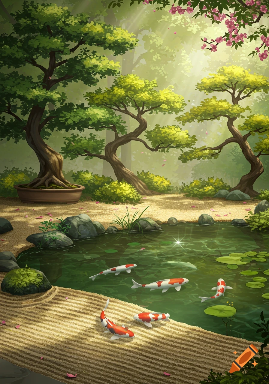 An illustration of a serene Japanese garden with bonsai trees, a pond with koi fish, and raked sand.