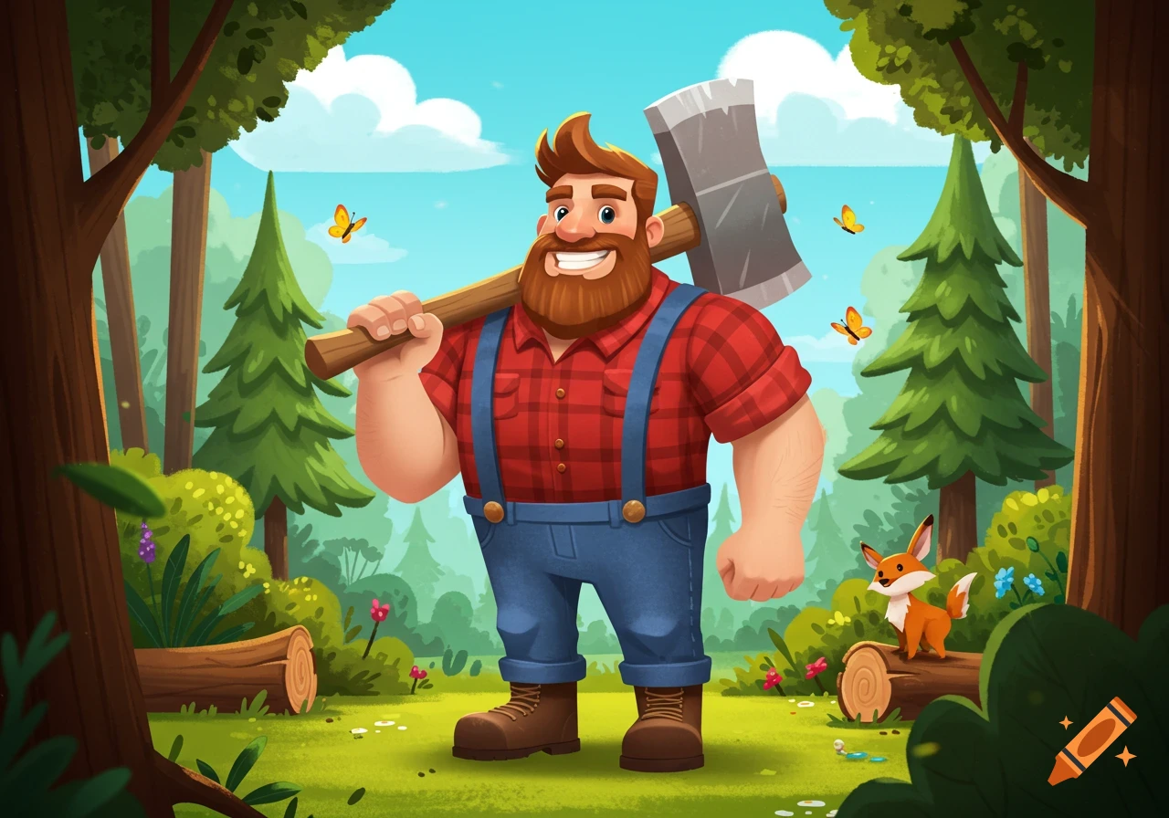 A cheerful cartoon lumberjack with a beard, plaid shirt, and axe stands in a vibrant forest with a fox and butterflies.
