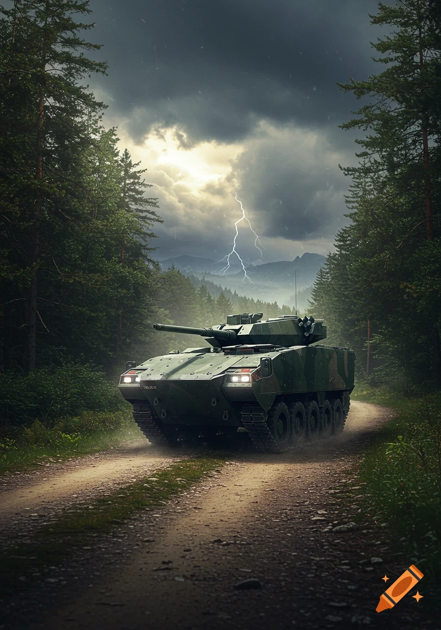 A dark green armored vehicle drives on a dirt road through a dense forest under a stormy sky with lightning.