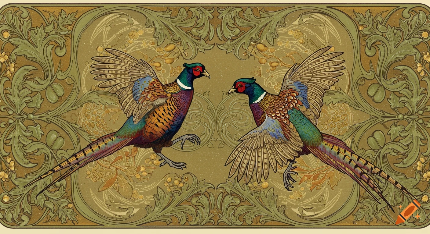 Two colorful ring-necked pheasants facing each other within an ornate Art Nouveau botanical frame.