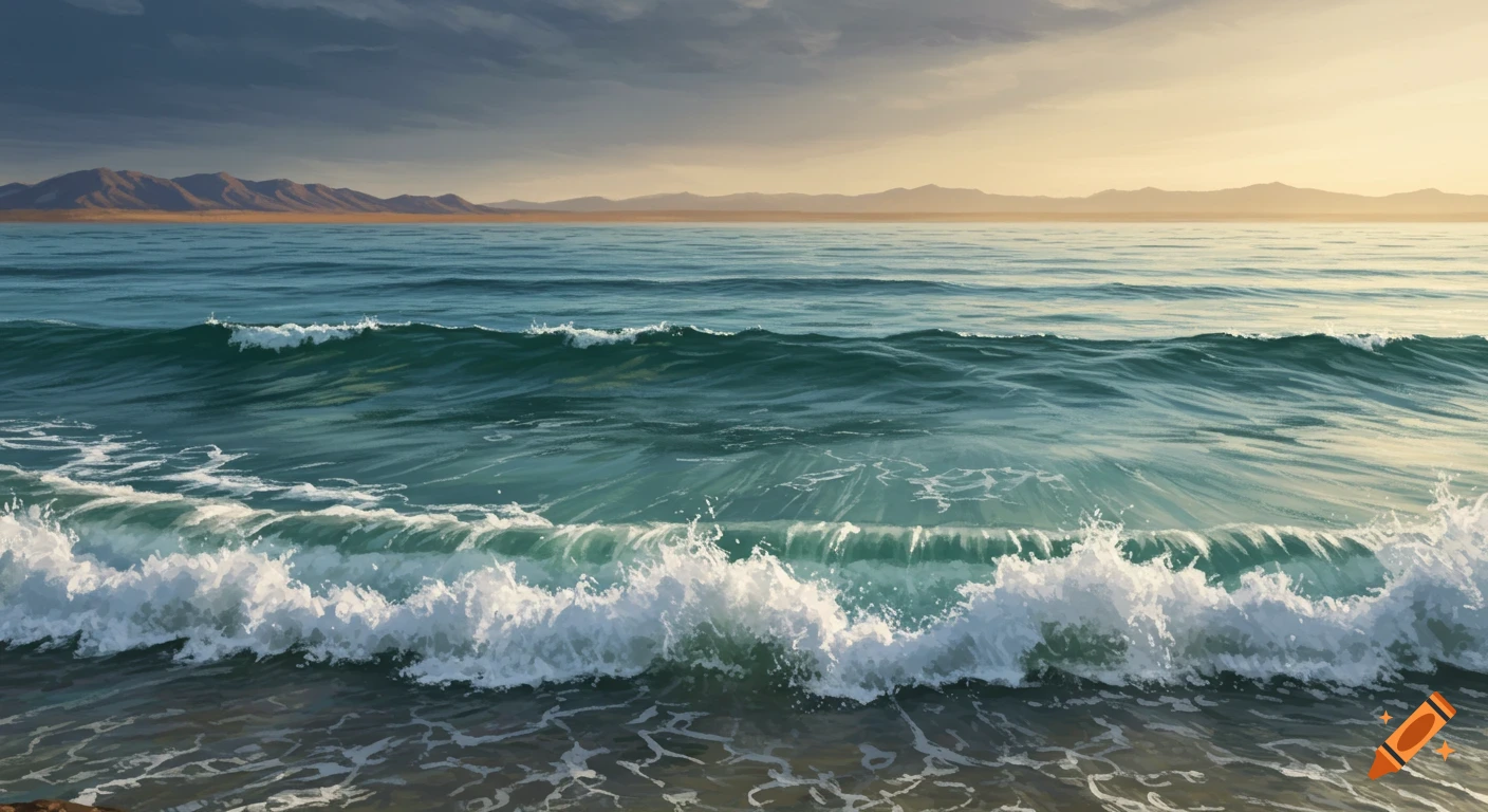 Vibrant painterly waves crash on a shore, with distant mountains under a cloudy sky turning golden at the horizon.