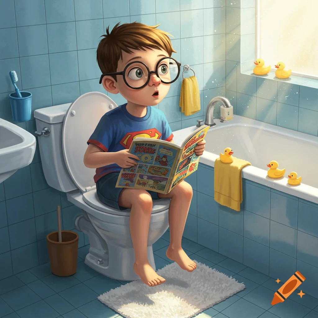 A cartoon boy with glasses sits on a toilet, reading a comic book in a bright bathroom.