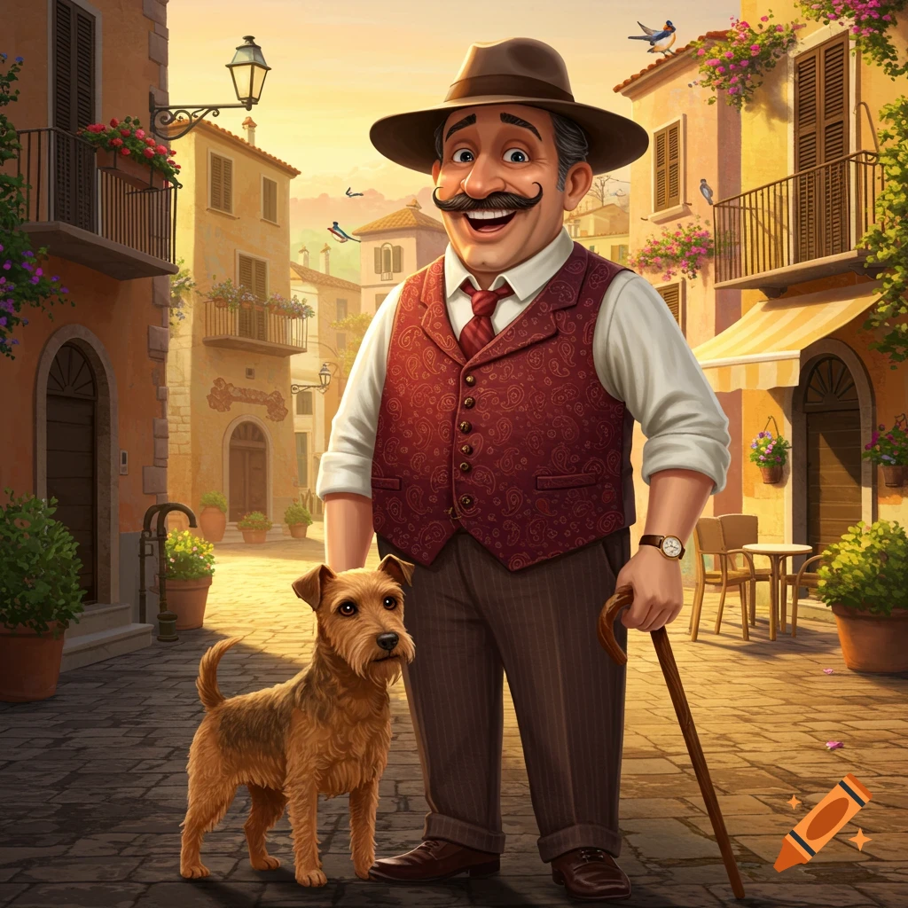 A vibrant illustration of a smiling man with a mustache and his scruffy dog standing on a cobblestone street in a charming European town.
