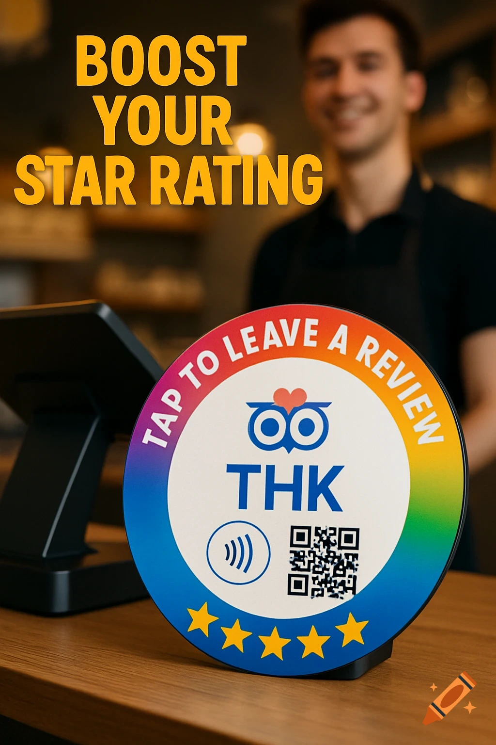 A promotional graphic on a cafe counter, with text "Boost Your Star Rating" and a circular sign reading "Tap to Leave a Review" with a QR code, NFC icon, and stars.