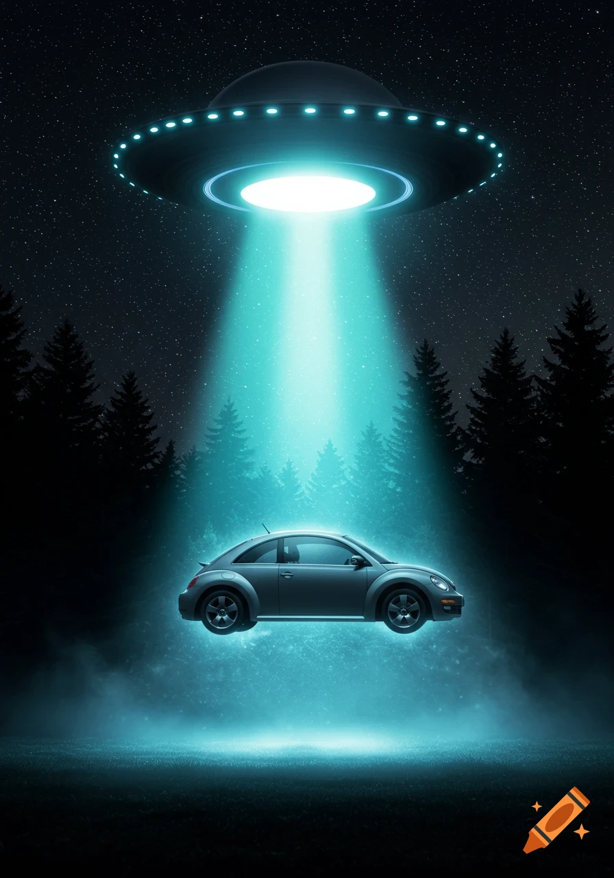 A grey Volkswagen Beetle floats in a bright teal light beam from a UFO hovering above a dark forest at night.
