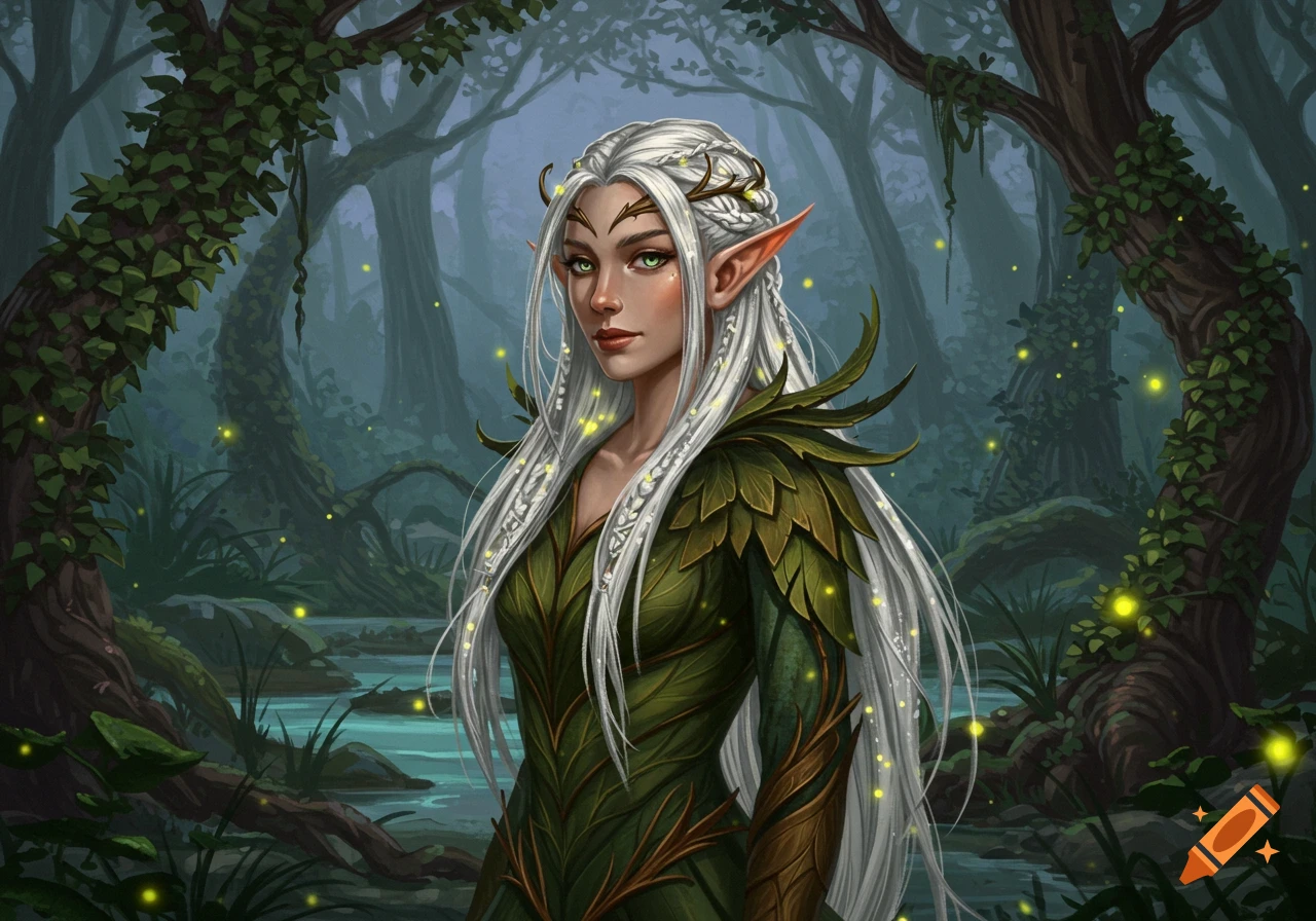 An elf woman with long white hair, pointed ears, and green eyes, wearing a leafy green outfit, stands in a mystical forest with fireflies.