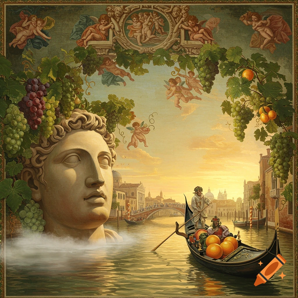 An ornate classical painting depicts a giant statue head emerging from Venetian canals framed by cherubs, grapevines, and oranges, with a gondola carrying two people.