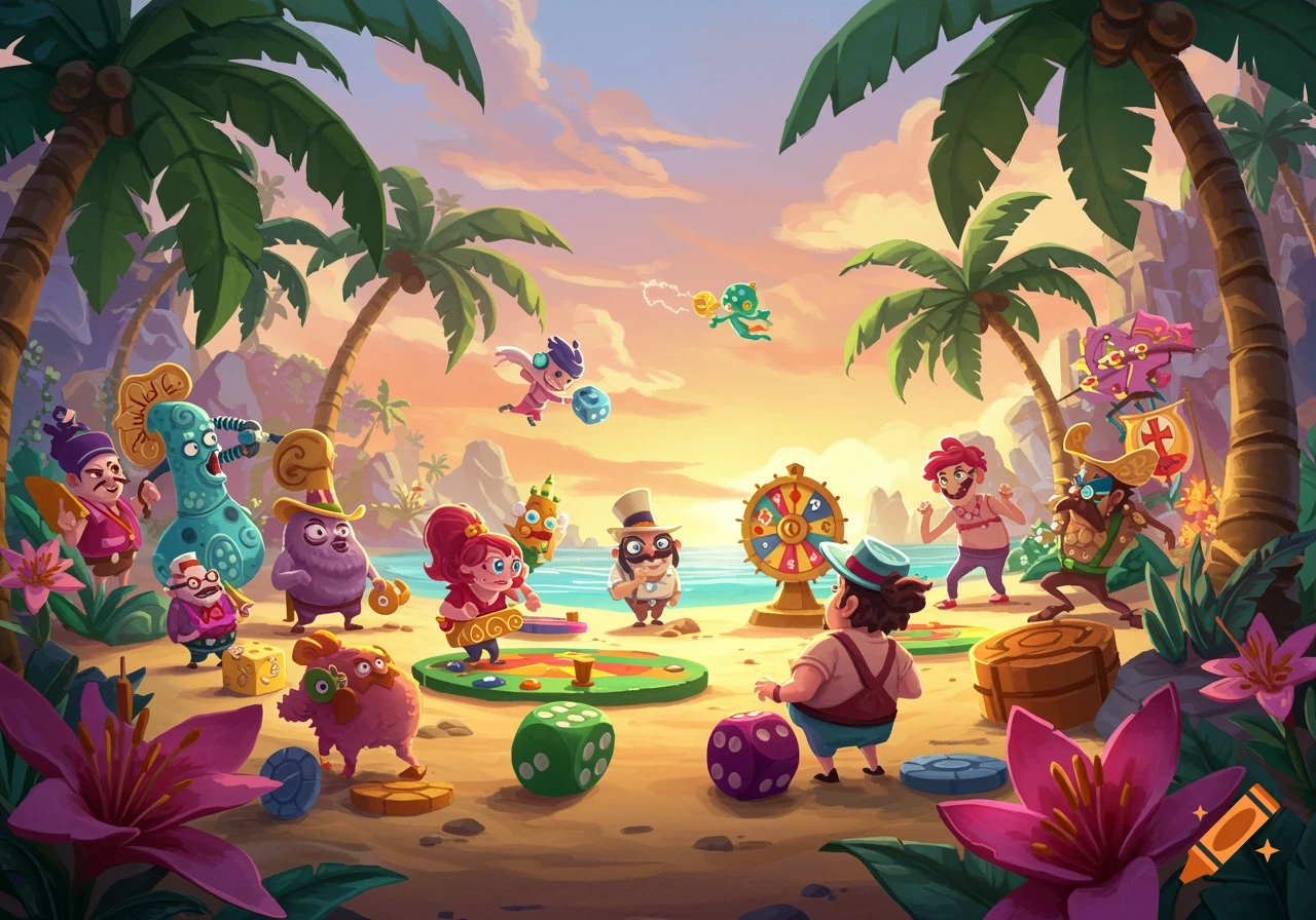 Colorful cartoon characters play board games on a sandy beach with palm trees and a sunset sky, in a vibrant game art style.