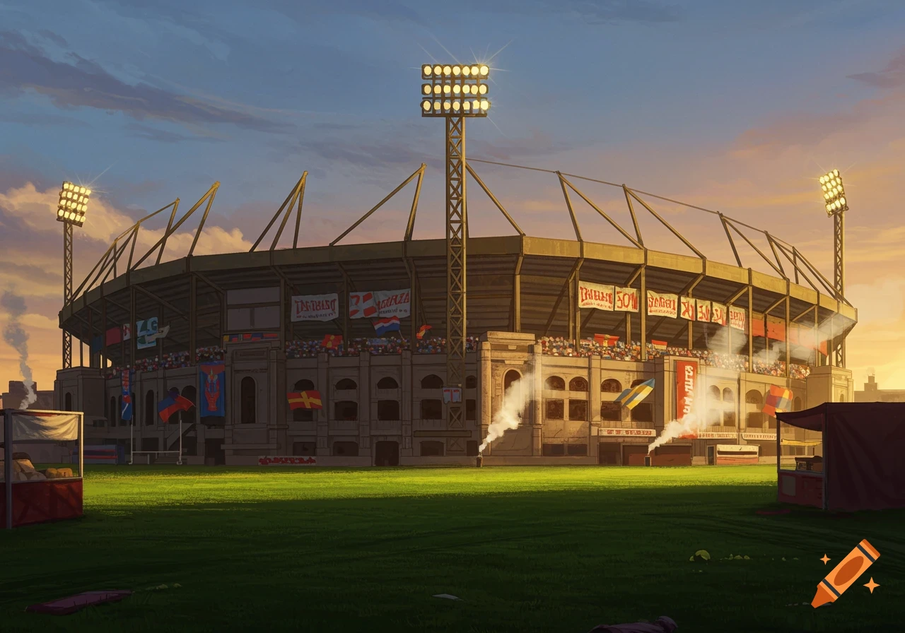 A wide shot of a large football stadium with bright floodlights, seen from the grassy field at sunset. Banners hang on the stadium.