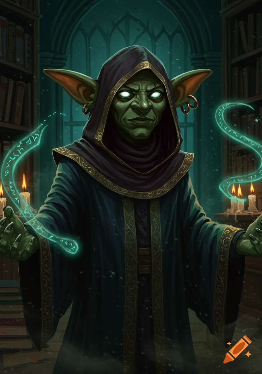 A green-skinned goblin wizard in dark robes casting a spell with glowing runes in a dimly lit library.
