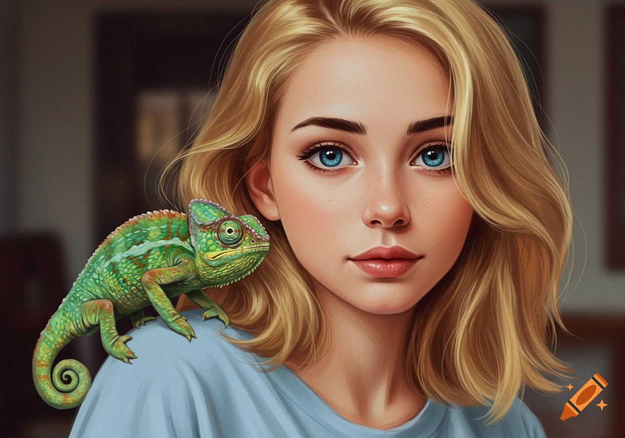 A blonde woman with blue eyes wearing a blue shirt has a green chameleon on her shoulder, in a detailed illustration style.