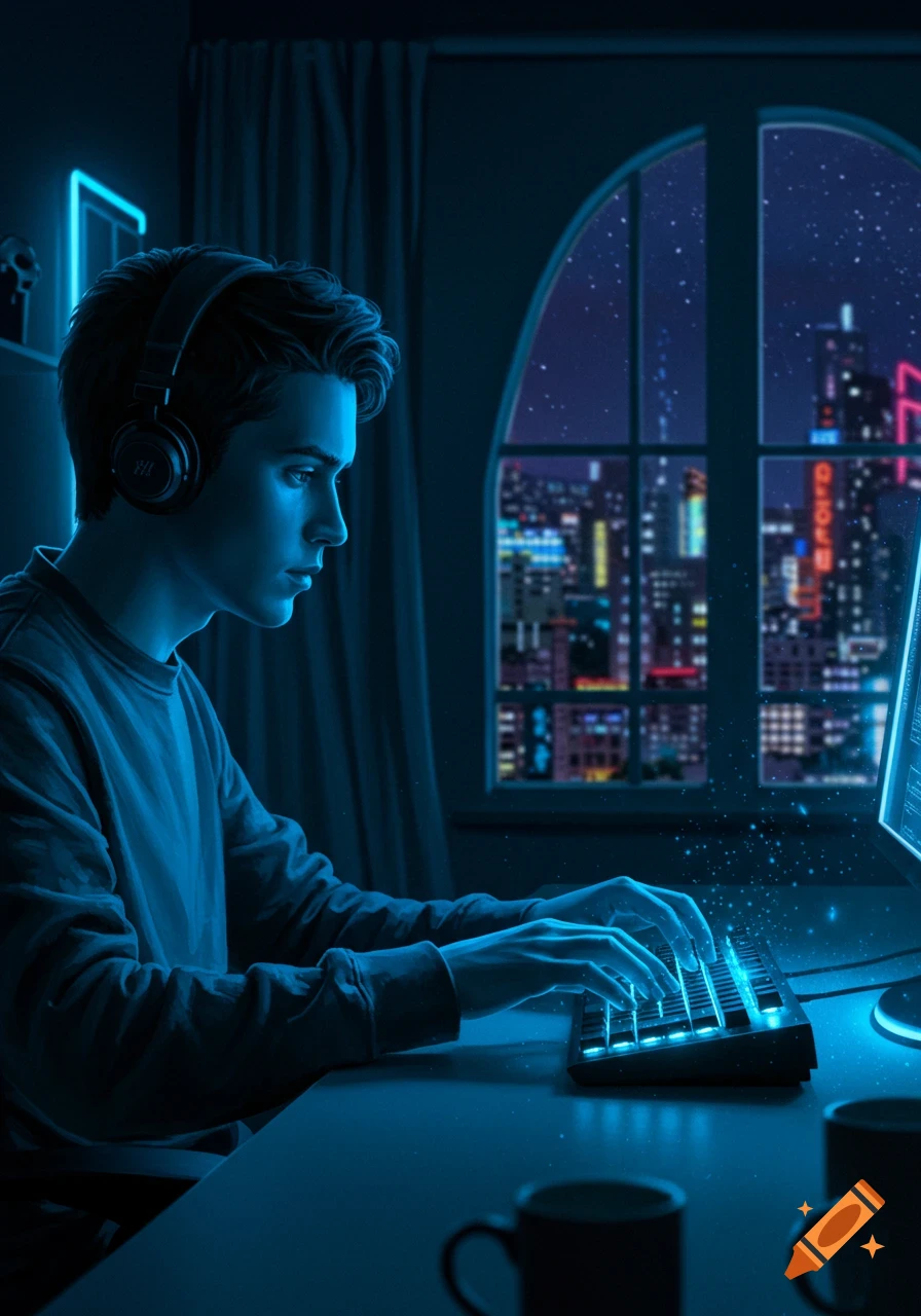 A stylized, photorealistic image of a young man wearing headphones, illuminated by a blue glow, typing on a glowing keyboard in a dark room with a city night view outside a window.