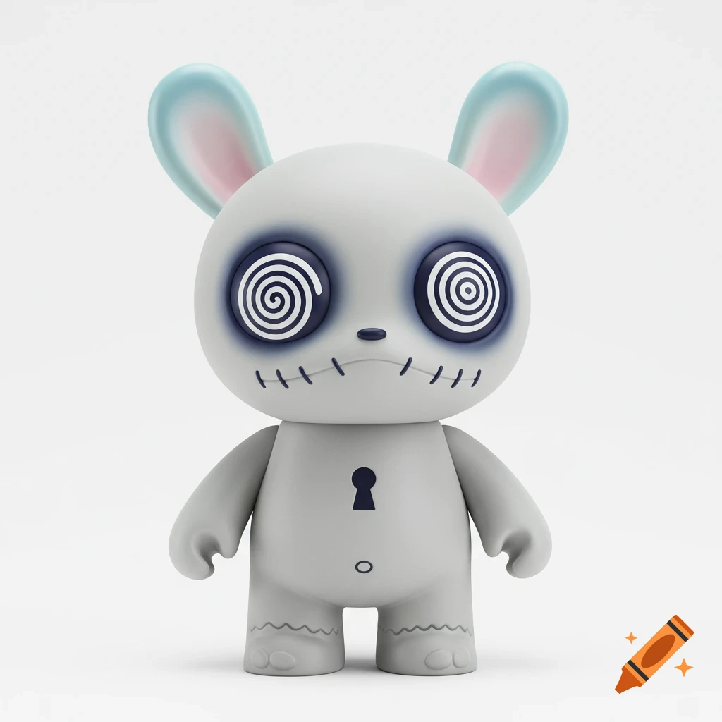 A grey bunny-like vinyl toy with swirling black and white eyes, a stitched mouth, light blue and pink ears, and a keyhole on its chest, on a white background.