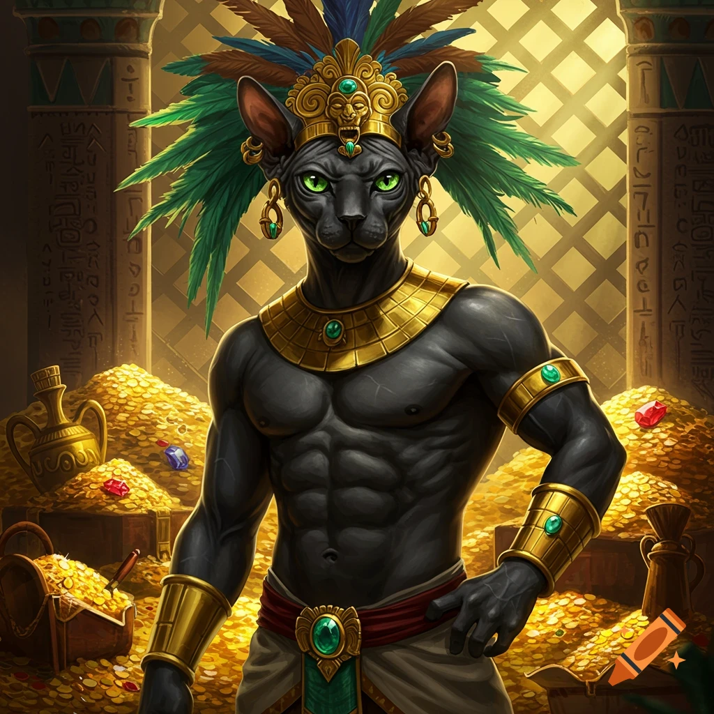 A muscular black sphinx cat wearing gold Aztec-inspired attire and a feathered headdress stands intimidatingly amidst piles of gold and jewels in a golden, ancient chamber.