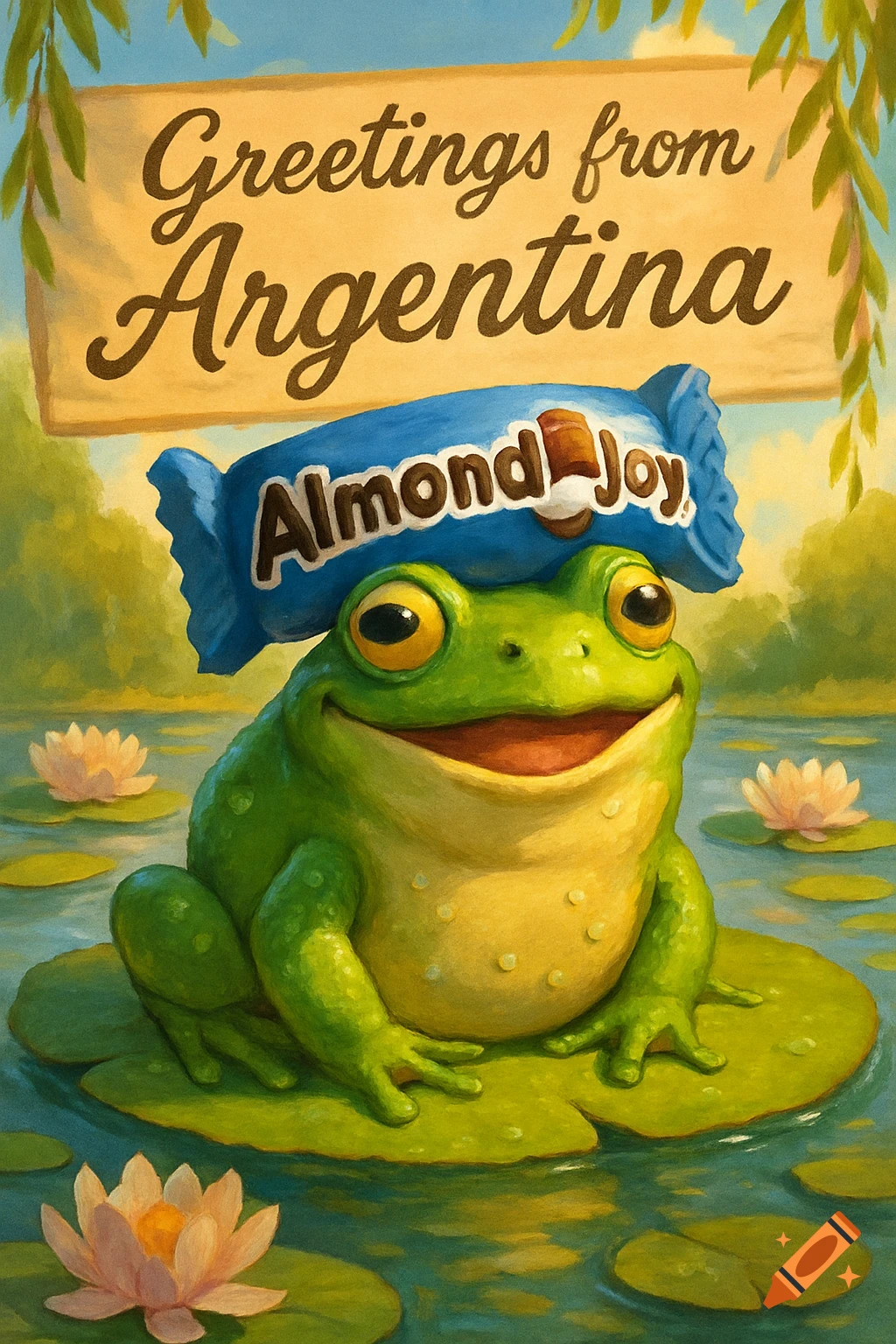 A cheerful green frog wearing an Almond Joy candy wrapper hat sits on a lily pad, with a banner above reading 'Greetings from Argentina' in a painterly style.
